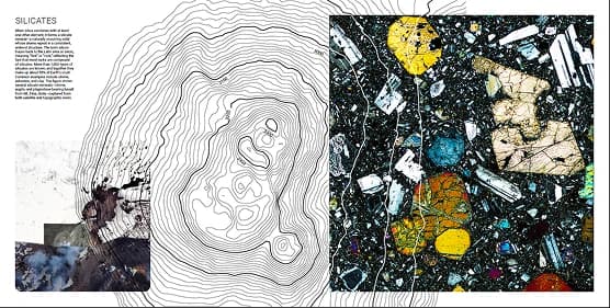 The finished Silicates spread pairing the vectorised contour lines with a mineral thin-section photograph