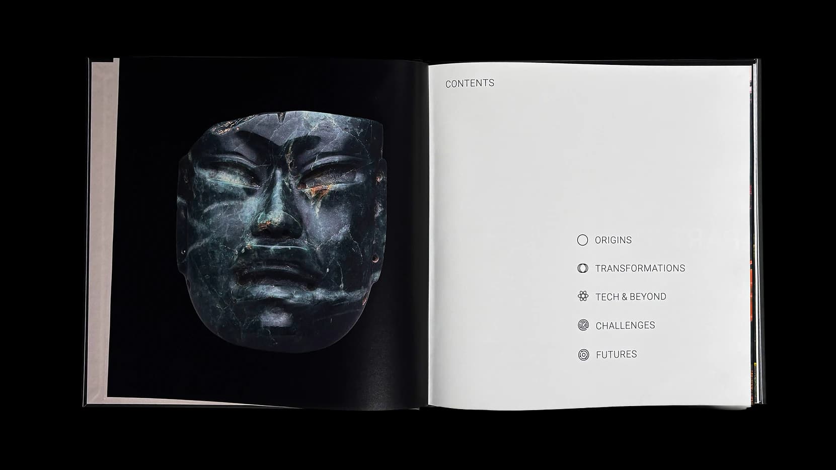 The table of contents, listing all five parts beside their navigational icons