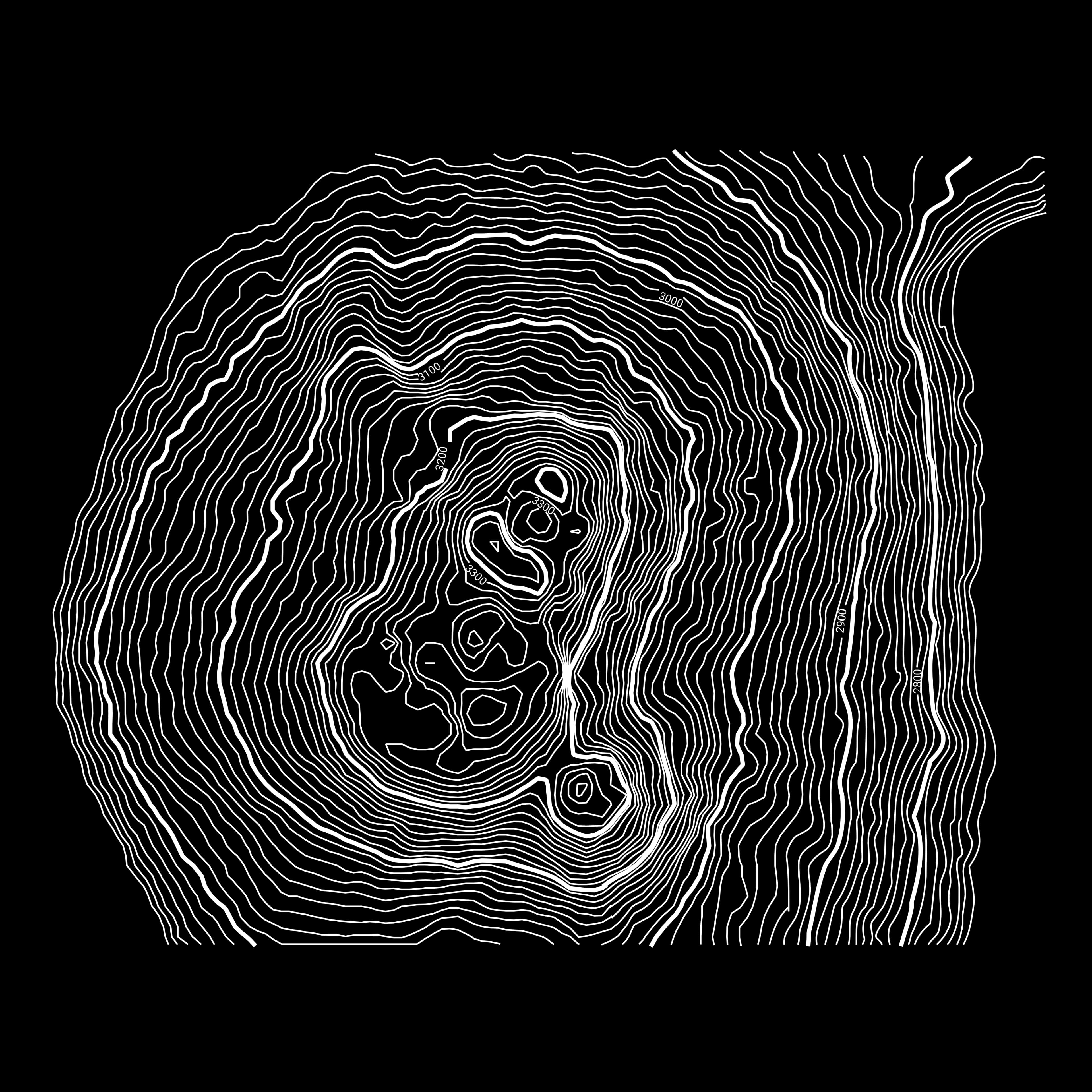 The raw QGIS contour output for Mt. Etna, white lines on black with elevation labels