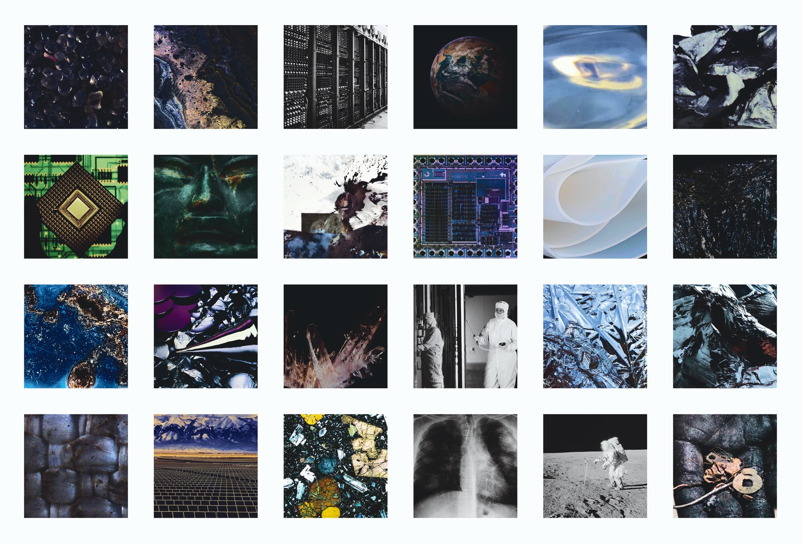 A 24-image research grid spanning geology, semiconductors, cleanrooms, and everyday silicon objects