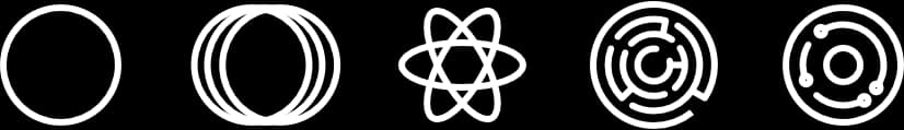The five flat navigational marks, one per part: a circle, a triple ring, an atom, a maze, and an orbit with nodes